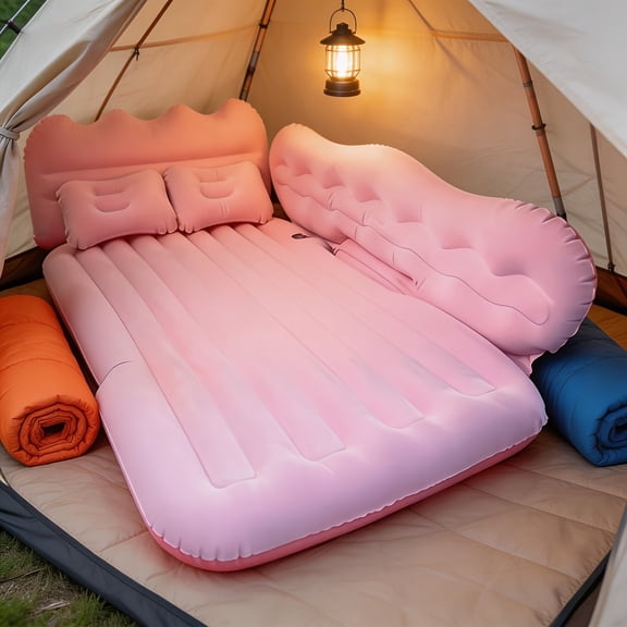 Rectangular plush PVC inflatable bed. Foldable & soft, with storage bag and repair kit for indoor rest, travel and outdoor camping.