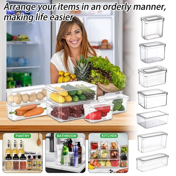Rectangular stackable plastic food storage container with lid reusable meal prep box pantry fridge freezer organizer