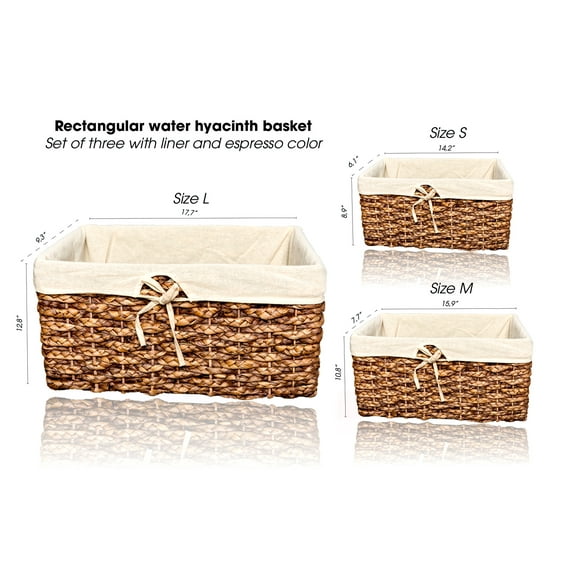 Rectangular water hyacinth basket, set of three with liner and espresso color SPLINTER