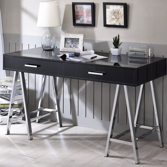 Rectangular writing desk with high gloss and chrome for clutter - free office