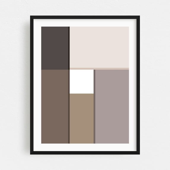 Rectilinear Abstract Browns Creams White B - Digital Art Abstract Geometric Minimalist Modern Art Pastel Mid-Century Modern Bauhaus Black Framed Wall Art Print 8 x 10 inches