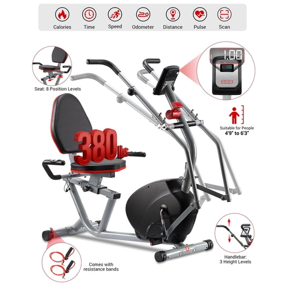 Recumbent Exercise Bike with Arm Exerciser for Home - Elliptical Recumbent Cross Trainer with Backlit Display, Pulse Sensor, 8-Level Magnetic Resistance, 380LBS Weight Capacity