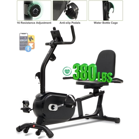 Recumbent Exercise Bicycles for Home - 380LBS Weight Capacity, Exercise Bike with Smart Workout APP, 16-Level Magnetic Resistance, LCD Display, Comfortable Seat