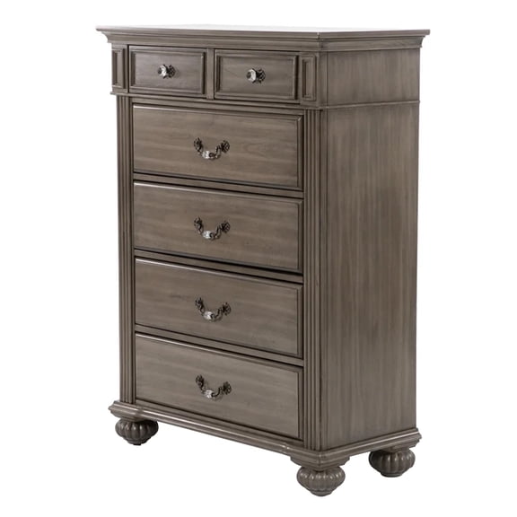 Recus Tall Dresser Chest, 6 Drawers w Brass Handles, Gray Solid Wood