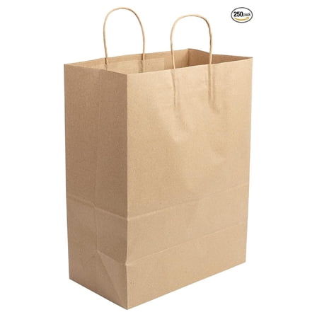 Recyclable Paper Bags with Twisted Handles - 250 Count - Eco-Friendly Brown Grocery Shopping Bags - 13x7x17 - Durable Packaging