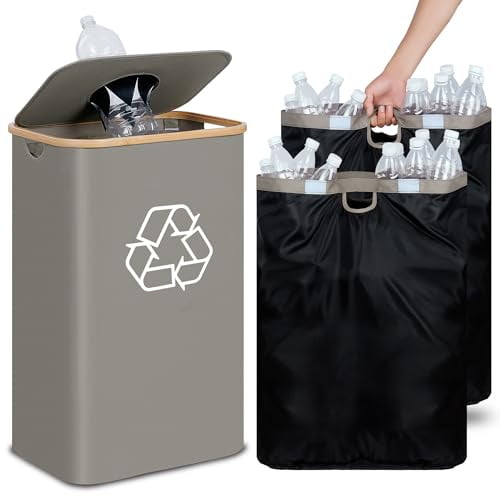 Recycle Bin 26 Gallon, 100L Recycle Bin for Kitchen with 2 Removeable and Reusable Inner Bag, Large Recycling Bin with Lid for Bottle Can Plastice Stickers (Grey)