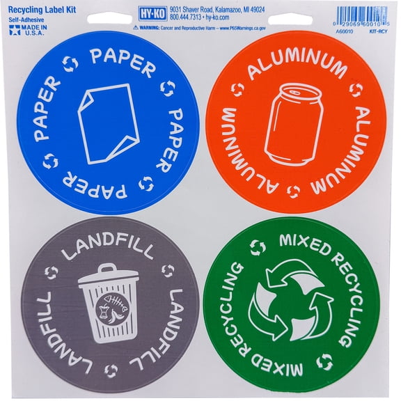 Hy-Ko Recycle Decal Kit, 4 Individual 4"x4" Label Stickers
