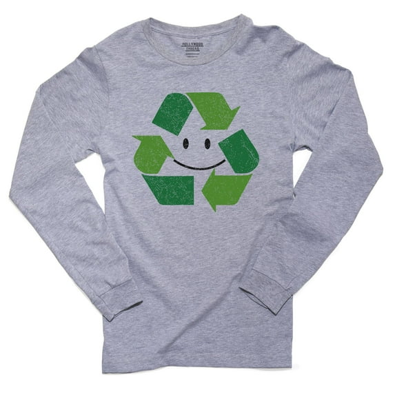 Recycle - Green Circle Arrows Happy Smiley Face Men's Long Sleeve Grey T-Shirt