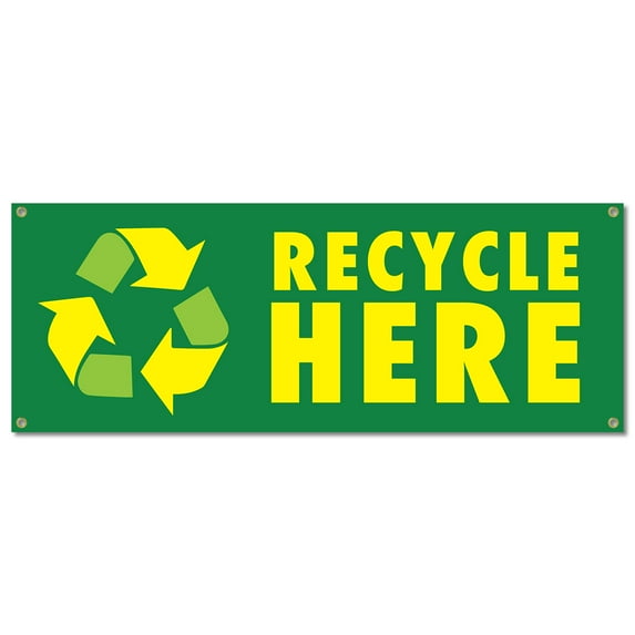 Recycle Here | 18" X 48" Banner | Outdoor Vinyl Sign With Grommets | Recycling Advertising Displays | Made in The USA