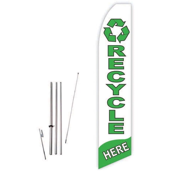 Recycle Here White/Green Super Novo Feather Flag - Complete with 15ft Pole Set and Ground Spike