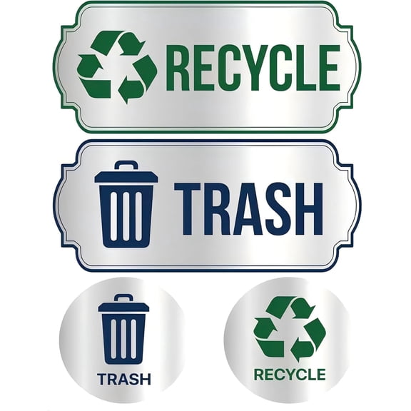 Recycle Stickers for Trash Bins 4Pcs, Waterproof Self-Adhesive Trash and Recycle Stickers for Home, Office, Hotel, Apartment, School, Recycling Signs for Indoor/Outdoor Garbage Can