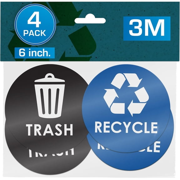 Recycle Stickers for Trash Bins - 6"x6" Round Decals, 4 Pack Set - Recycling Sticker for Trash Can - UV-Resistant Waste Management for Indoor, Outdoor, Kitchen, Office, and Public Spaces