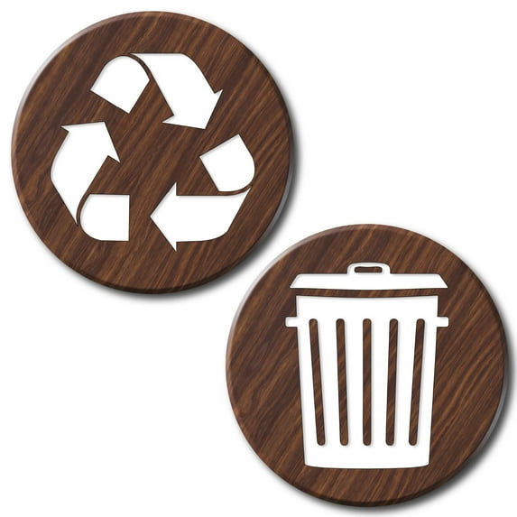 Recycle and Trash Logo Stickers (6 Pack) - Textured - for Metal or Plastic Garbage cans, and Bins - Indoor & Outdoor - Laminated and UV Protected Premium Decal (Wood - Brown, Small)