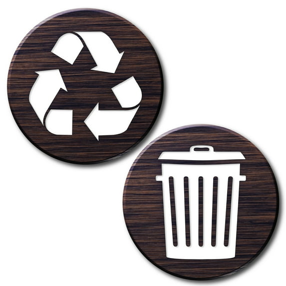 Recycle and Trash Logo Stickers (6 Pack) - Textured - for Metal or Plastic Garbage cans, and Bins - Indoor & Outdoor - Laminated and UV Protected Premium Decal (Wood - Dark Brown, Small)