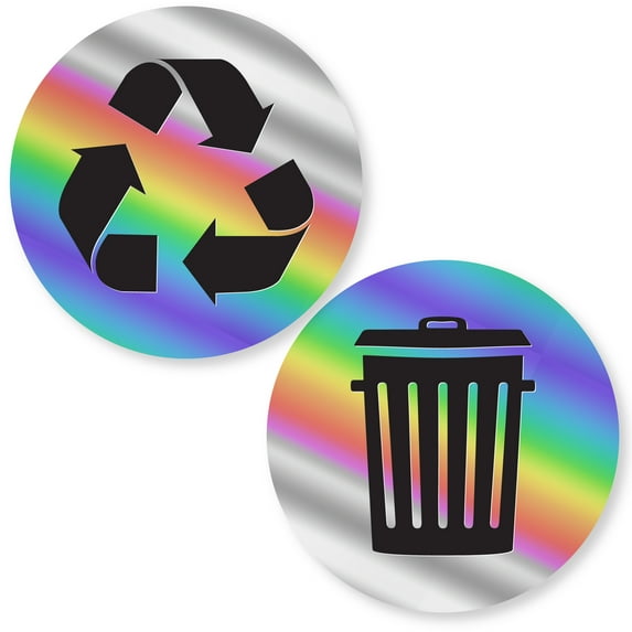 Recycle and Trash Logo Stickers - Organize Trash - for Metal or Plastic Garbage cans, containers and Bins - Indoor & Outdoor - Home, Kitchen, Office - Premium Decal (Silver - Holographic, XSmall)