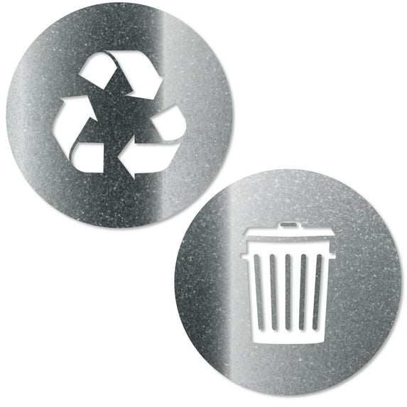 Recycle and Trash Sticker Logo Style Symbol to Organize Trash cans or Garbage containers and Bins - Contour Cut Decal Sticker (Metallic Silver, XSmall)