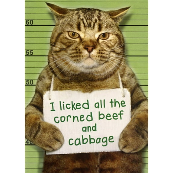 Recycled Paper Greetings Cat Mug Shot : I Licked the Corn Beef Funny / Humorous St. Patrick's Day Card
