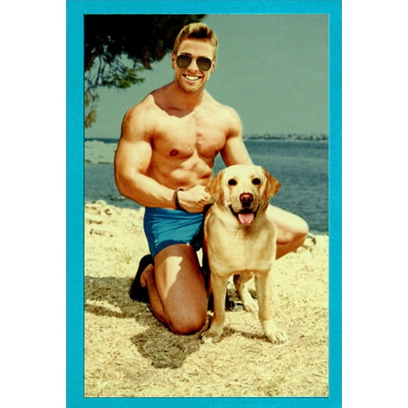 Recycled Paper Greetings Man And Dog Posing For Picture on Beach Funny / Humorous Birthday Card