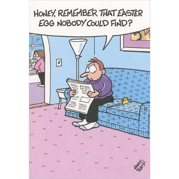 Recycled Paper Greetings Man and Chick on Blue Couch: Egg Nobody Could Find Funny / Humorous Easter Card