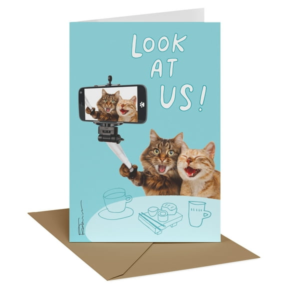 Recycled Paper Greetings Thinking of You Card for Friend (Photo Cats Selfie Look at Us)