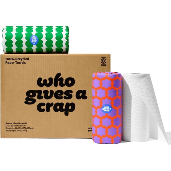 Recycled Paper Towels, 2 Ply, 6 Rolls, 135 Adjustable Sheets per Roll, 100% Recycled Paper, Strong, Durable, Absorbent, & Sustainable, Eco Friendly With Plastic Free Packaging, White