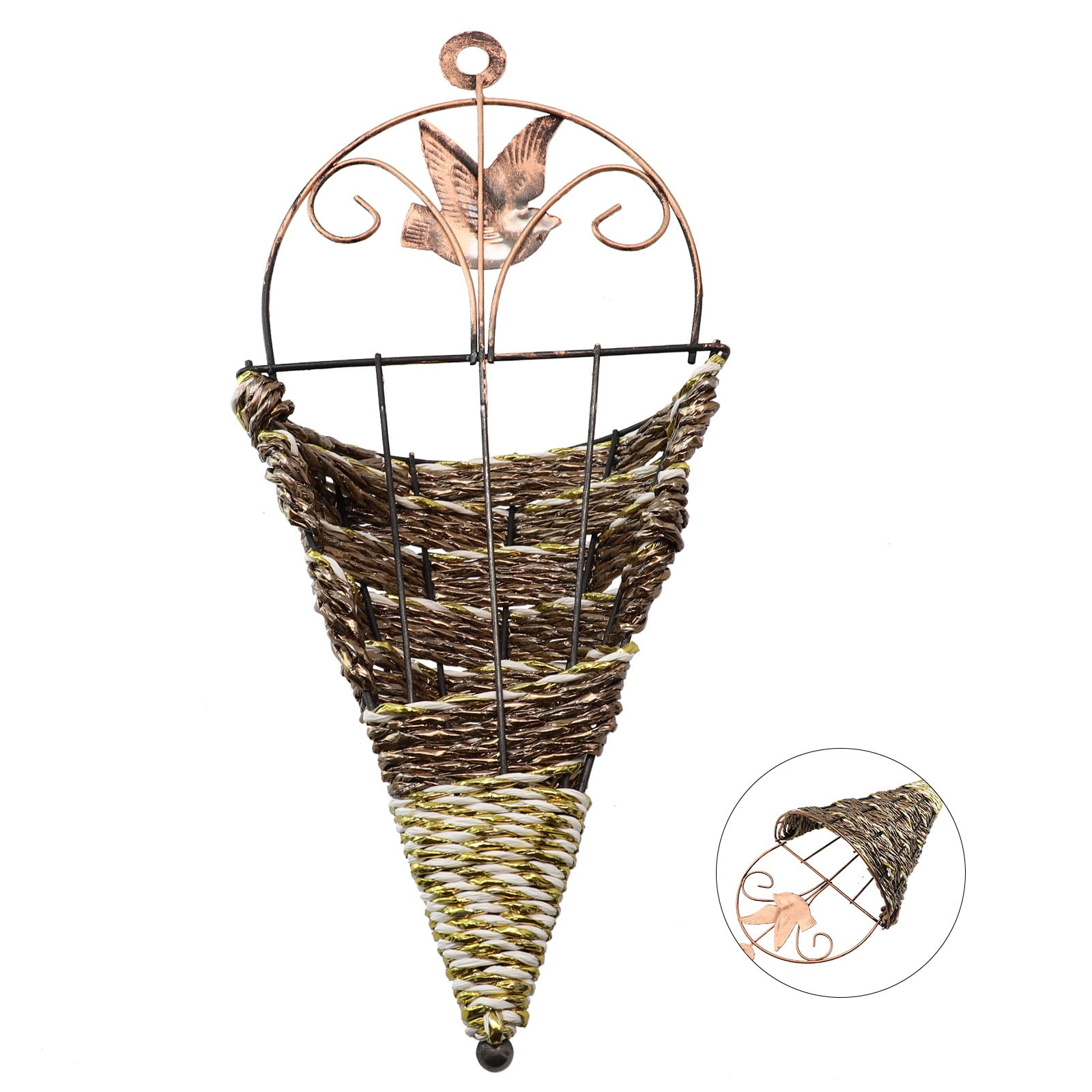 Recycled Plastic Wall Hanging Planter Rattan Plant Pot Basket Flower Garden Mounted Holder Decor for Indoor Outdoor Courtyard Balcony Living Room Bedroom Corridor White Coffee 30cm Height 14cm Width