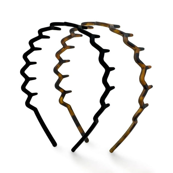 Recycled Plastic Wavy Hair Band with Teeth, Headband for Women and Men, Classic 90s Hair Accessories, 2pcs (Black and Brown)