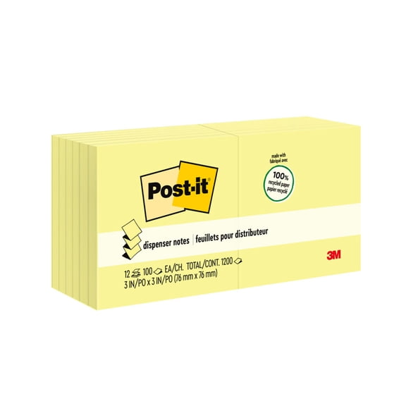 Recycled Pop-Up Notes, 3 X 3, Canary Yellow, 100-Sheet, 12/pack | Bundle of 5 Packs