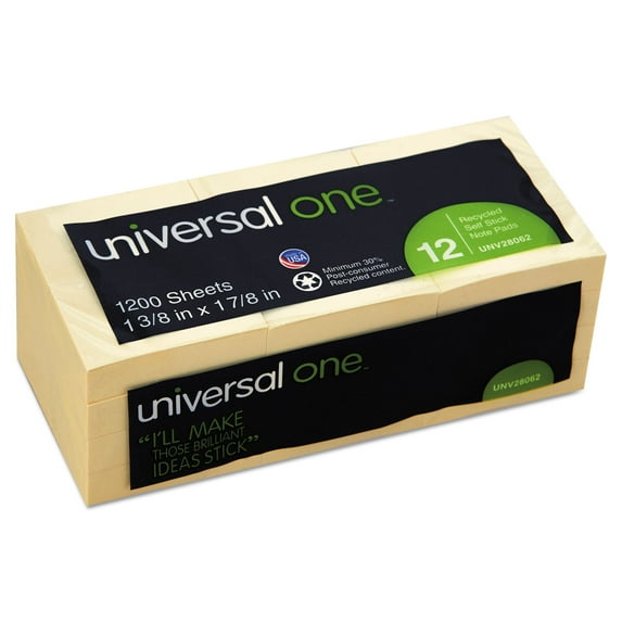 Recycled Self-Stick Note Pads, 1 1/2 X 2, Yellow, 100-Sheet, 12/pack | Bundle of 5 Packs