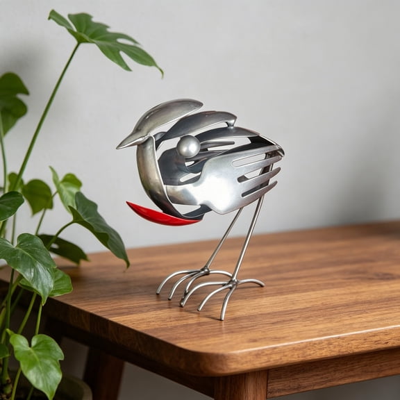 Recycled Stainless Steel Robin Bird Sculpture, Handcrafted Upcycled Metal Art Ornament for Home and Garden Decor