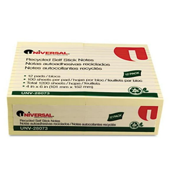 Recycled Sticky Notes- 4 X 6- Lined- Yellow- 12 100-Sheet Pads-Pack