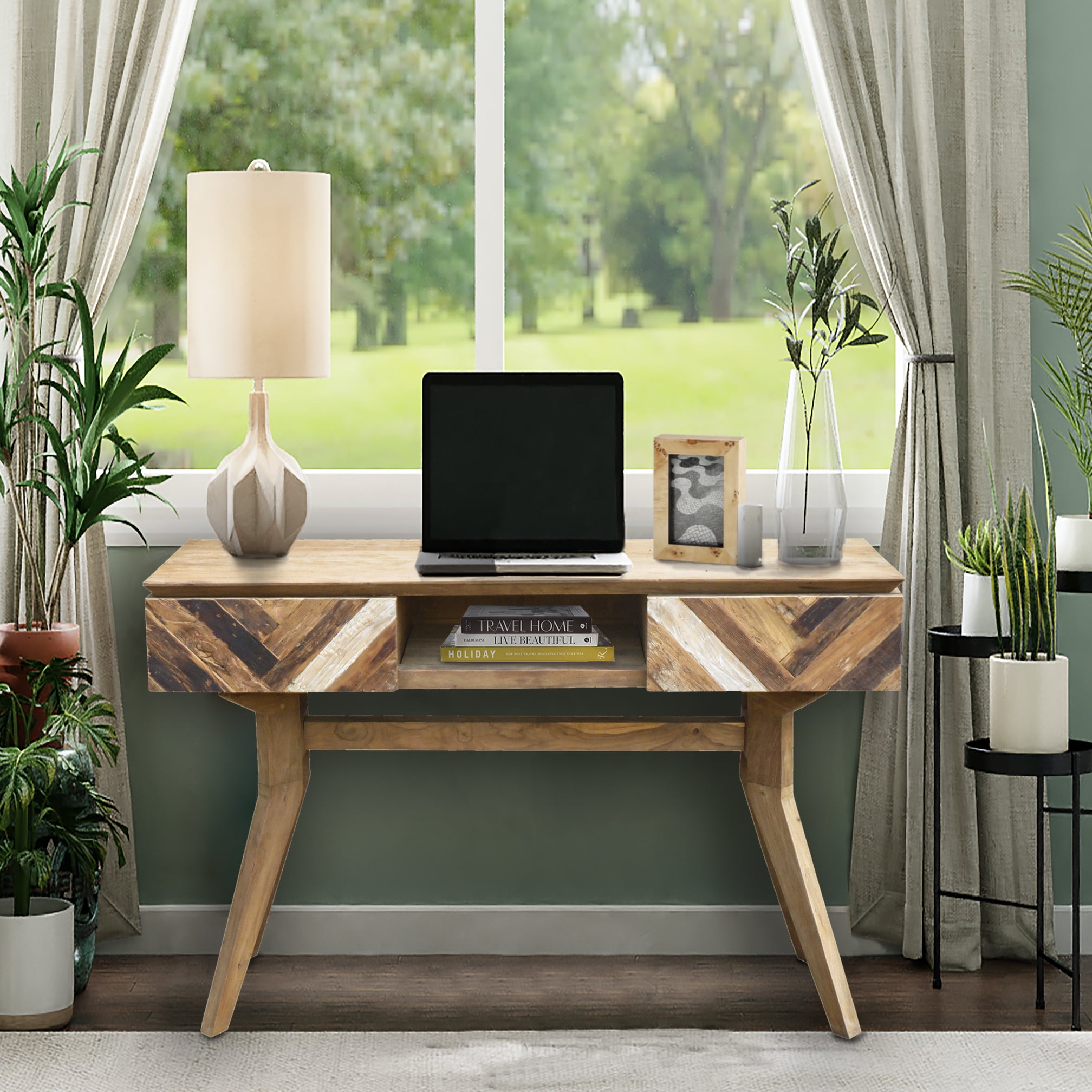 View of Recycled Teak Wood Brux Art Deco Console Table / TV Stand - Walmart.com