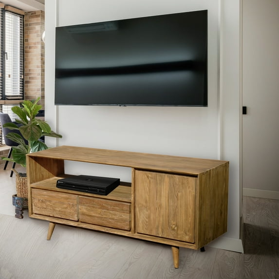 Recycled Teak Wood Retro Media Center with 1 Door, 2 Drawers