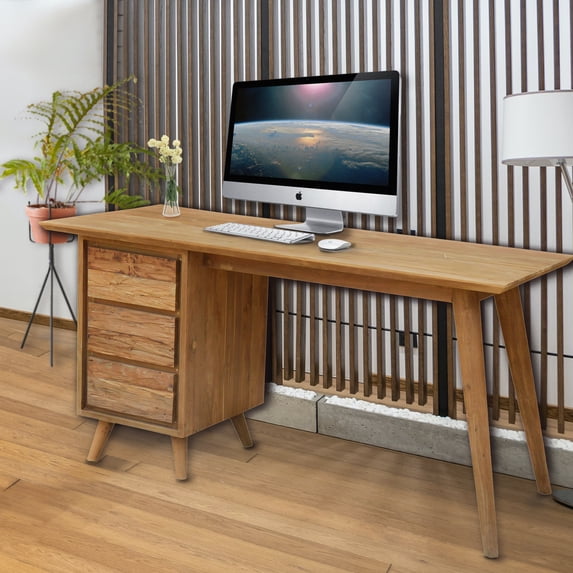 Recycled Teak Wood Retro Writing Desk with 3 Drawers for Home and Office