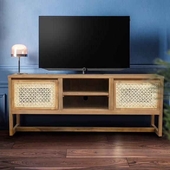 Recycled Teak Wood West Indies Cane Media Center with 2 Doors