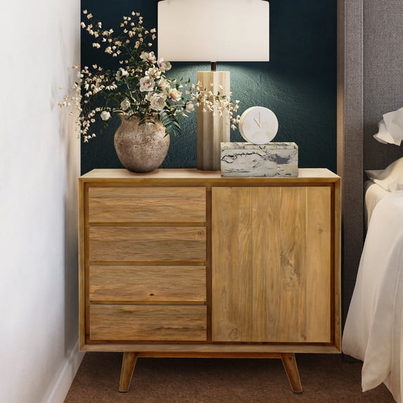 Recycled Teak Wood Wood Retro Chest with 1 Door, 4 Drawers