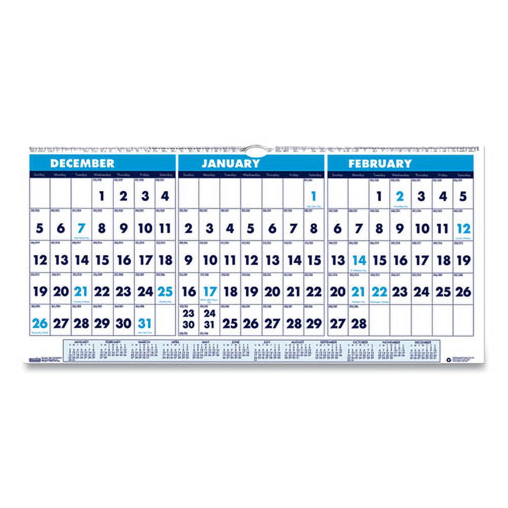 Recycled Three-Month Format Wall Calendar, Horizontal Orientation, 23.5 ...