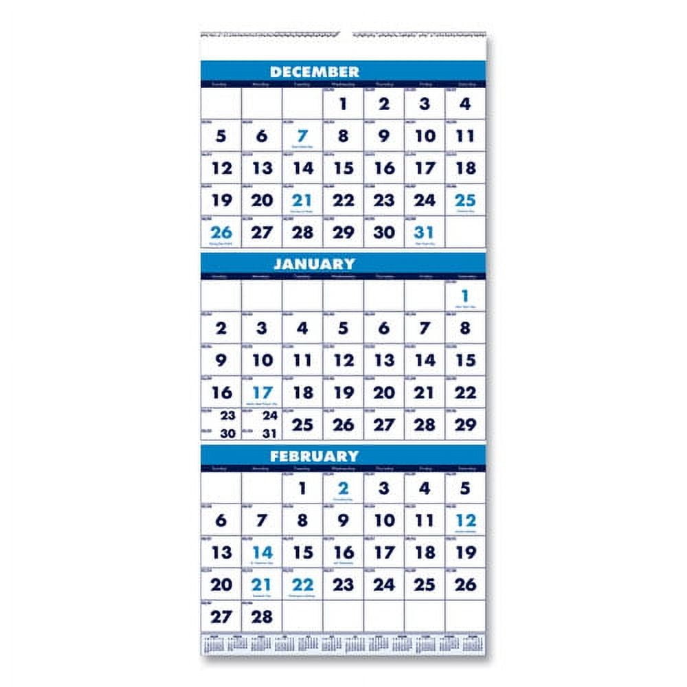 Recycled Three-Month Format Wall Calendar, Vertical Orientation, 8 x 17, White Sheets, 14-Month (Dec to Jan): 2023 to 2025