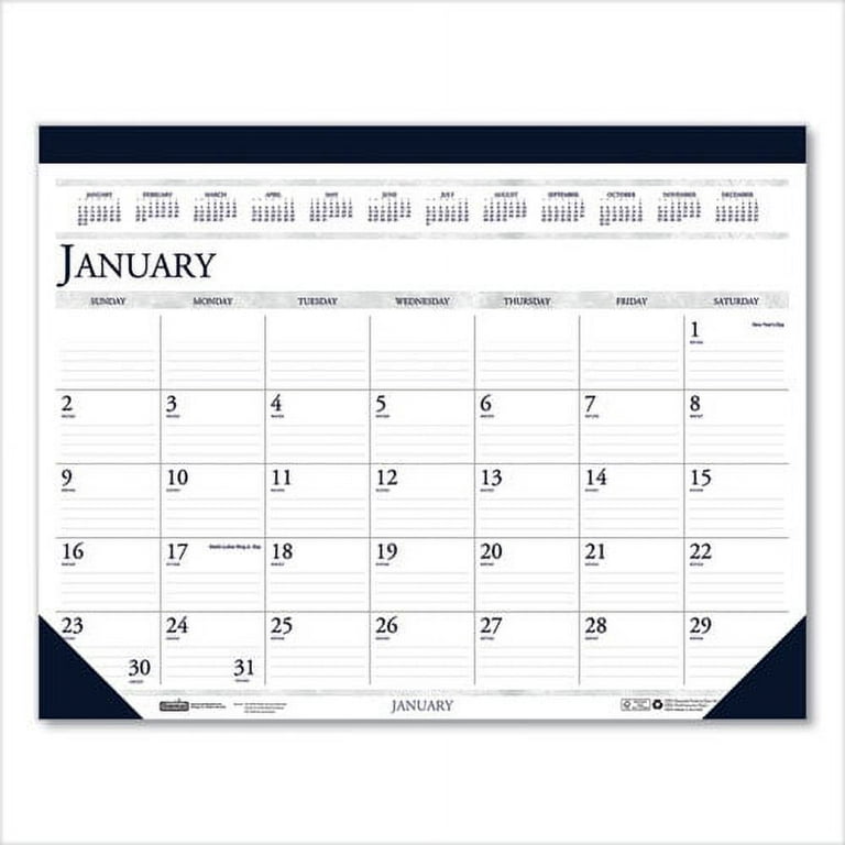Recycled Two-Color Monthly Desk Pad Calendar with Notes Section, 18.5 x 13, Blue Binding/Corners, 12-Month (Jan-Dec): 2024