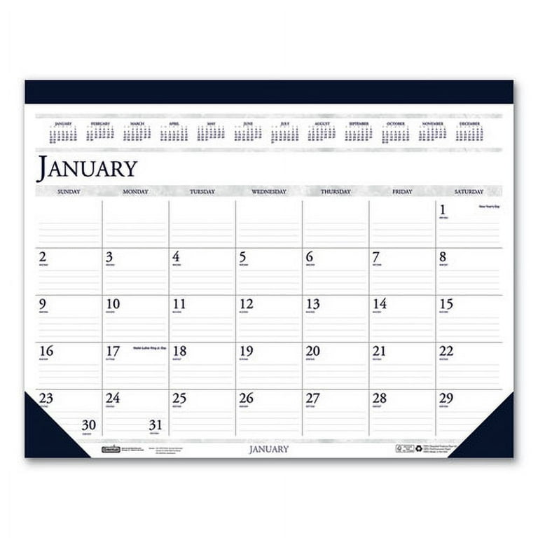 Recycled Two-Color Monthly Desk Pad Calendar with Notes Section, 22 x 17, Blue Binding/Corners, 12-Month (Jan-Dec): 2024