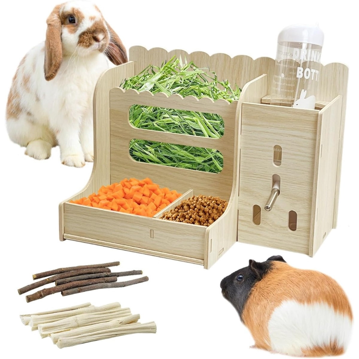 View of Recycled Wood Multi-Compartment Hay Feeder Box for Rabbits, Guinea Pigs ...