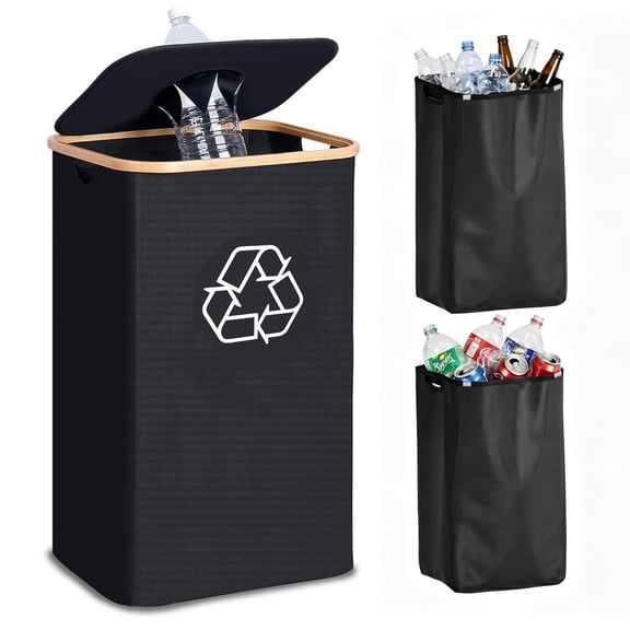 Recycling Bin for Kitchen 26 Gallon, 100L Recycle Bin with 2 Removeable and Reusable Inner Bag, Large Recycling bin with lid for Bottle Can Plastice Stickers (Black)