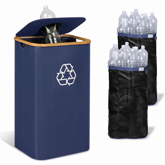 Recycling Bin for Kitchen, 29 Gallon Indoor Recycle Bin with Lid, Large 110L Recycling Bin with 2 Removable Reusable Inner Bags for Bottles Cans Glass Plastic & Cartons, Blue