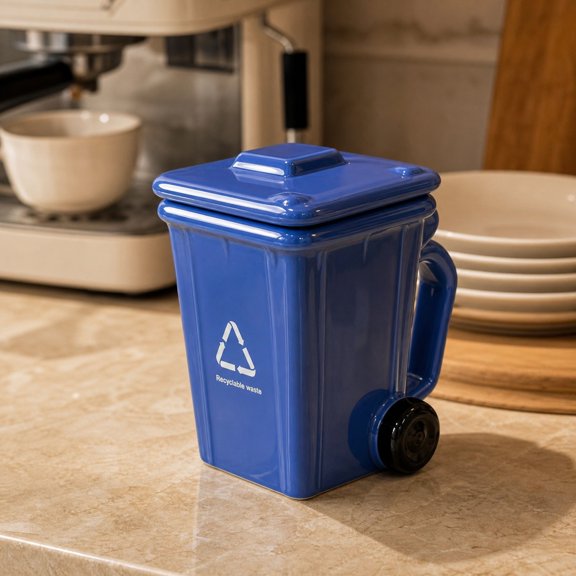 Recycling Bin Mug, Ceramic Coffee Cup With Lid, Funny Trash Can Shaped Tea Mug for Office Coworkers Desk Home Daily Use Gift, Novelty Drinkware