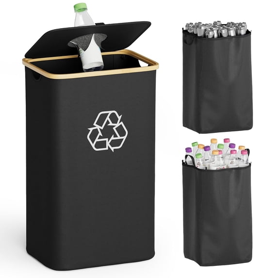 Recycling Bin for Kitchen 26 Gallon, 100L Recycle Bin with Lid and 2 Reusable Inner Bags, for Bottle Can Glass Plastic Stickers, Black