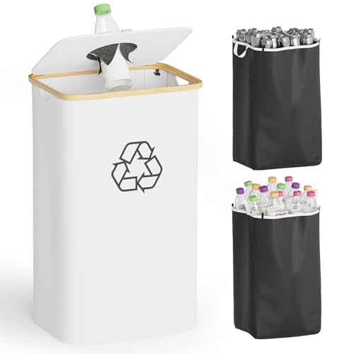 Recycling Bin for Kitchen 26 Gallon, 100L Recycle Bin with Lid and 2 Reusable Inner Bags, for Bottle Can Glass Plastic Stickers, White