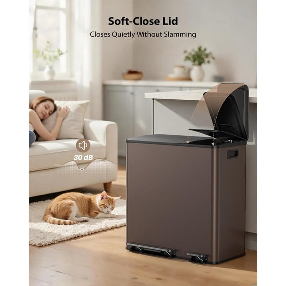 Recycling Bins for Kitchen, 13.2 + 5.2 Gal (50+20L) Stainless Steel Trash and Recycle Bin Combo with Soft-Close Lid, Large Garbage Cans for Kitchen Home with 2 Magnets Sticker, Silver