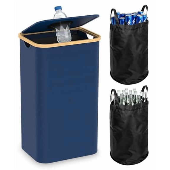 Recycling Bins for Kitchen, 26 Gallon (100L) Recycle Bin with lid, Indoor Oxford Fabric Recycling Trash Can with 2 Pack Removeable and Reusable Inner Bags for Bottle Can Glass Plastic Sticker, Blue