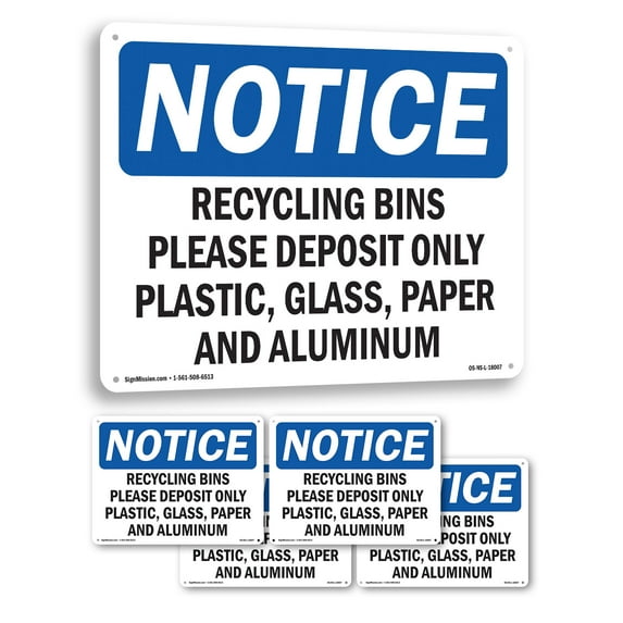 Recycling Bins Please Deposit Only Plastic OSHA Notice Rigid Plastic Sign 24 Inch x 18 Inch - 5 Pack