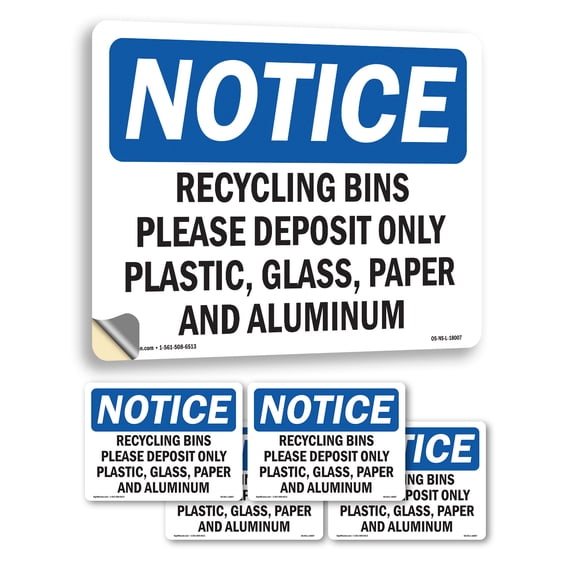 Recycling Bins Please Deposit Only Plastic OSHA Notice Vinyl Decal Label 5 Inch x 3.5 Inch - 5 Pack